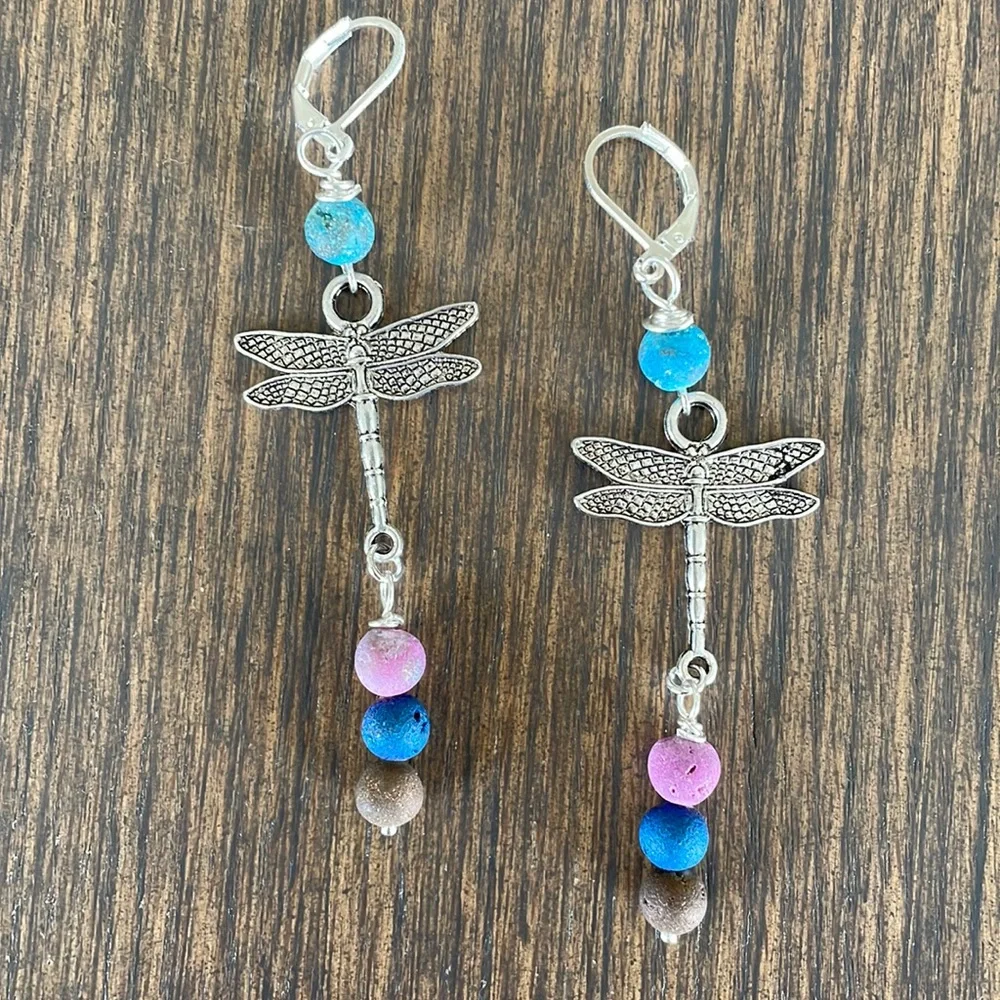 HAND CRAFTED EARRINGS Silver Plated Dragonfly Matte Quartz Orchid Blue Brown